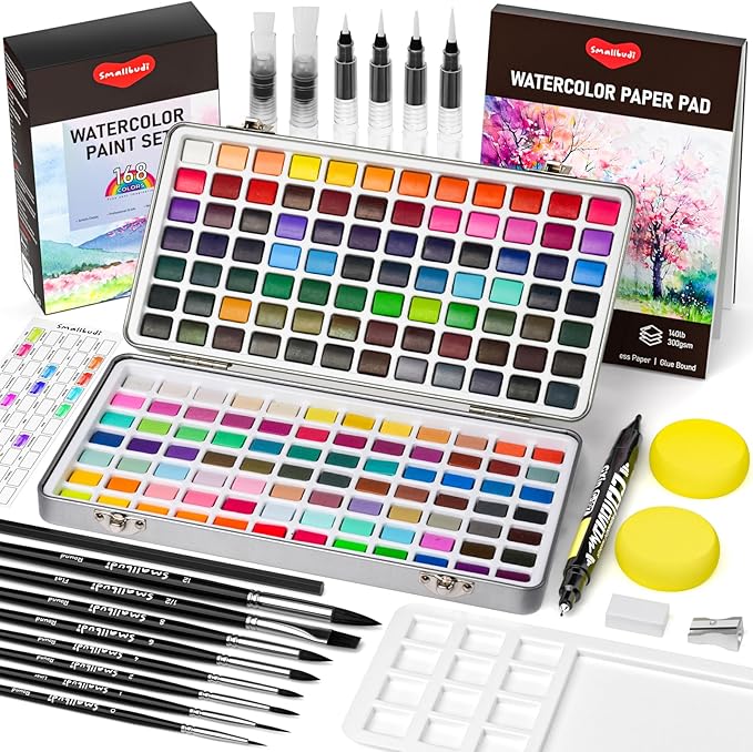 Smallbudi Watercolor Paint Set 168 Colors Including Metallic, Watercolor Kit with Case, Watercolor Paper, Paint Brushes, Palette and Accessories, Water Color Art Supplies Gift for Adults Kids Artists