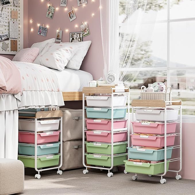 SYKIARIOL Rolling Storage Utility Cart with 5 Drawers,Craft Cart with Wheels,Makeup Organizer,Art Supply and Storage Wooden Tabletop,Colorful