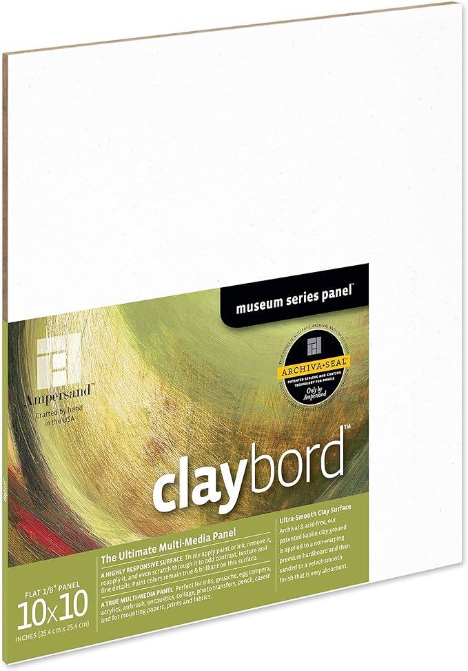 Ampersand Art Supply Claybord | 10" x 10" | 1/8" Flat Profile | Kaolin Clay Painting Panel for Acrylic, Ink, Watercolor & Mixed Media | Canvas & Paper Alternative
