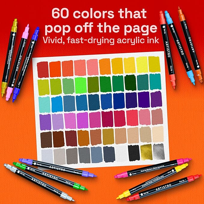 ARTISTRO 60 Precision Dual-Tip Acrylic Paint Markers – Paint Pens Set with Dot & Fine Tips for Fabric, Rock, Glass, Wood, Coloring Books – Classroom & Art Supplies Gift – Teacher Appreciation Gift