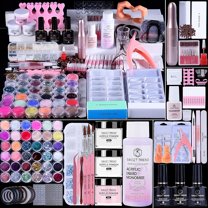 Acrylic Nail Kit with Everything: Beginners Set with Drill - Professional Acrylic Powder Glitter Monomer False Tips Top Base Coat Starter Kit - Full Decorations Nail Supplies for Nail Extensions Gift