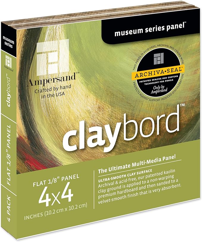 Ampersand Art Supply Claybord | 4" x 4" - Pack of 4 | 1/8" Flat Profile | Kaolin Clay Painting Panel for Acrylic, Ink, Watercolor & Mixed Media | Canvas & Paper Alternative
