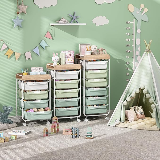 SYKIARIOL Rolling Cart with 6 Drawers,Utility Storage Cart with Drawers,Art Craft Organizers and Storage,Makeup Organizer with Wooden Tabletop,Green