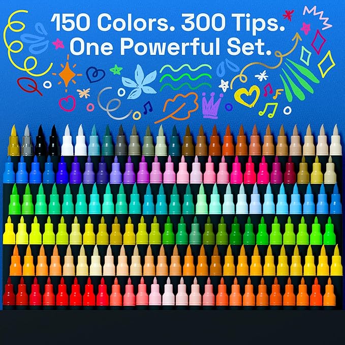 ARTISTRO 150 Dual Tip Acrylic Paint Markers, Paint Pens, Drawing Markers for Textile, Rock, Glass, Wood, Paper, Ceramic, Canvas, DIY - Art Supplies Kit for Kids and Adults (Brush + Fine)