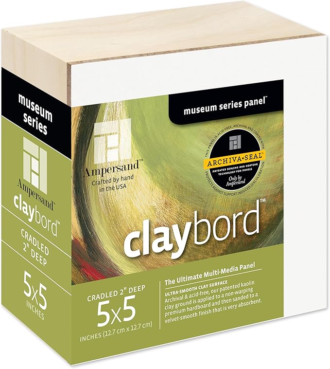 Ampersand Art Supply Claybord | 5" x 5" | 2" Cradled Profile | Kaolin Clay Painting Panel for Acrylic, Ink, Watercolor & Mixed Media | Canvas & Paper Alternative