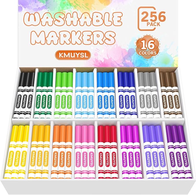 KMUYSL Washable Markers Bulk, Assorted Colors - Broad Line Conical Tip Coloring Markers for Kids, School Art Supplies & Back to School Supplies, Teacher Classroom Must Haves (16 Colors, 256 Pcs)