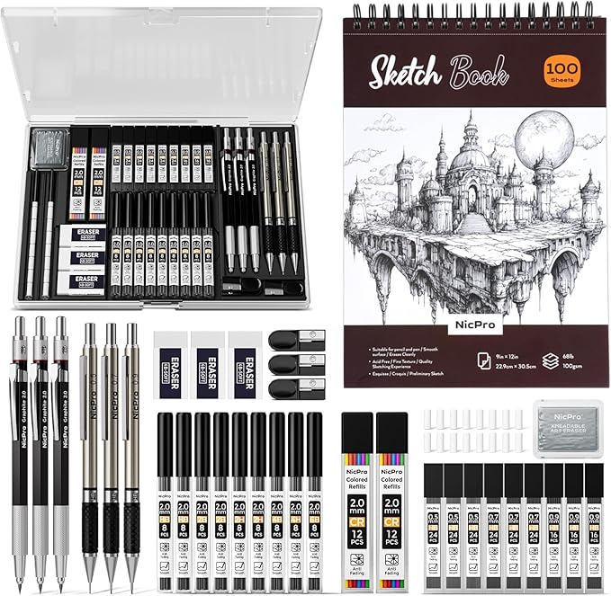 Nicpro 37PCS Art Drawing Supplies Kit, Metal Mechanical Pencil Set 0.5, 0.7, 0.9 & 2mm, 100 Sheets 9x12 Sketch Book, 288PCS Leads, School Supplies Drawing Kit for Artist Adults Teens Kids Sketching