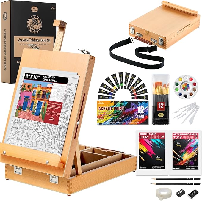 Beechwood Tabletop Easel Set for Painting, 60 Pieces 2-in-1 Art Supplies Specially Tailored for Painting & Sketching, Portable Adjustable Sketchbox Art Easel for Beginners and Art Lovers