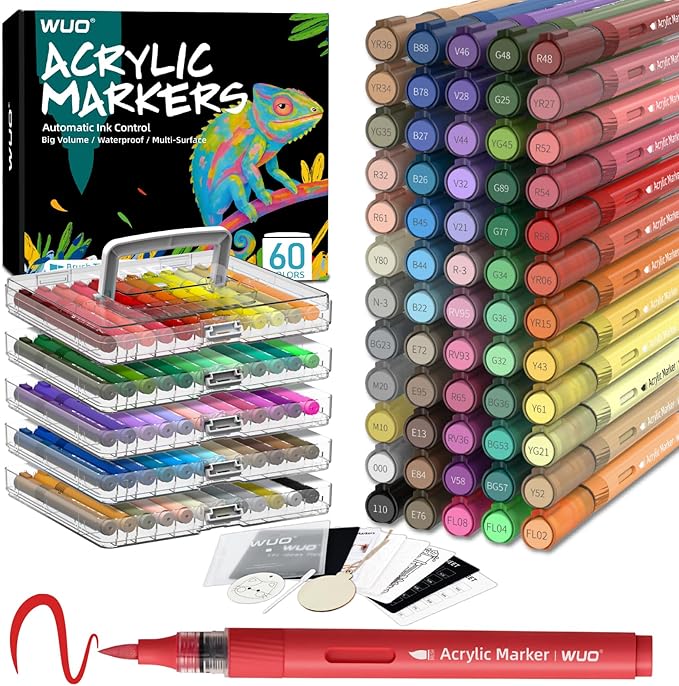 WUO 60 Colors Acrylic Paint Markers, High Opacity Automatic Ink Control Brush Tip Pens, Water-Based No-Bleed Markers for Rock, Canvas, Wood, Glass, Ceramic, and DIY Art Supplies
