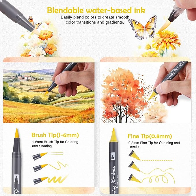 Watercolor Pens Set, 36-Color Dual Tip Professional Watercolor Markers for Adults, Water-Based Coloring Markers with 1 Aquapen, 1 Colorless Blender, 1 Black Marker, and 12-Page Pad, Art Supplies