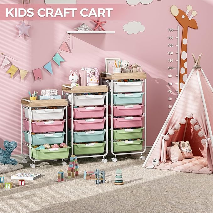 SYKIARIOL Rolling Storage Utility Cart with 4 Drawers,Kids Craft Art Cart,Makeup Organizer and Storage with Wooden Tabletop,Colorful