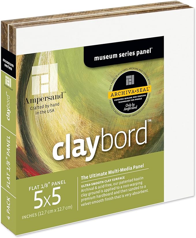 Ampersand Art Supply Claybord | 5" x 5" - Pack of 4 | 1/8" Flat Profile | Kaolin Clay Painting Panel for Acrylic, Ink, Watercolor & Mixed Media | Canvas & Paper Alternative