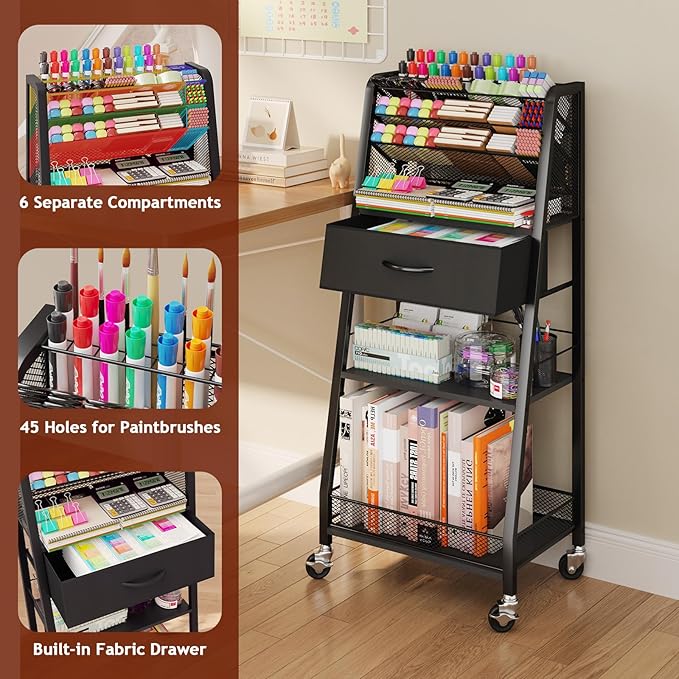 Homsorout 3 Tier Rolling Cart - Metal Utility Cart with Storage Drawer and Wheels, Versatile Art & Craft Organizer for Home, Office, or Studio - Ideal for Storing Brushes, Paints, and Supplies（Black）