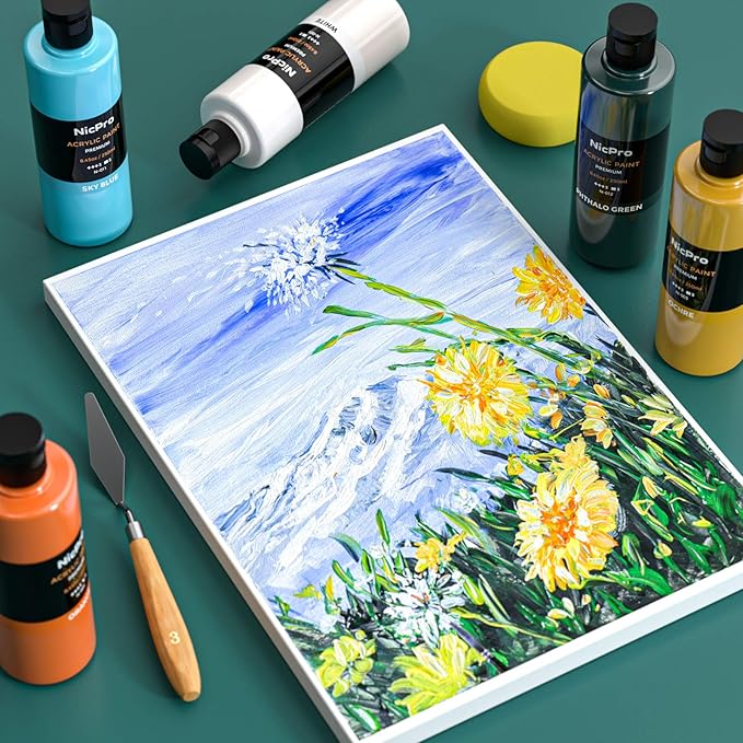 Nicpro 12 Colors Large Bulk Acrylic Paint Set (8.45 oz,250 ml) Rich Art Painting Supplies, Non Toxic for Multi Surface Rock Canvas Wood Ceramic Leather Fabric Craft, for Adult with Color Wheel