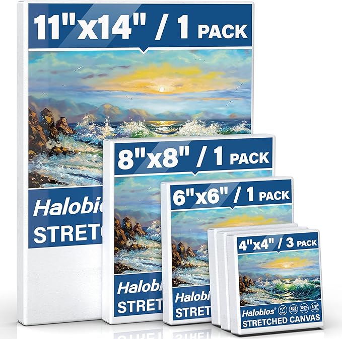 Halobios 6 Packs Stretched Canvases for Painting with 4x4 Inch, 6x6 Inch, 8x8 Inch, 11x14 Inch, Painting Canvases for Acrylics,Oils & Other Media, 5/8 Inch Profile 100% Cotton Artist Framed Canvas