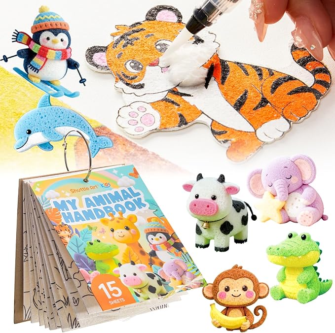 Shuttle Art 63 Pcs Magic Foam Texture Painting Kit – Animal Series: 15 Animal Foam Pieces, Coloring Book with 15 Scenes, 12 Acrylic Paint Markers, Magical 3D Effect DIY Art Craft