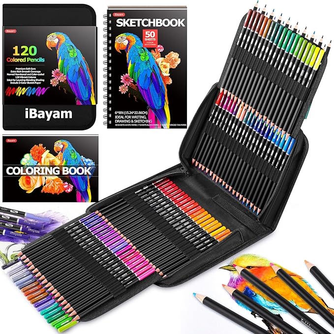 iBayam 123-Pack Colored Pencils Set with 3-Color Sketch Book, Coloring Pencils, Art Supplies Sketching Kits, Professional Artist Drawing Pencils for Artists, Adult