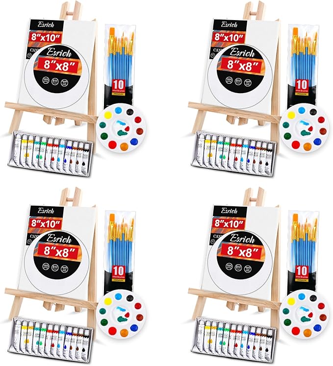 ESRICH Acrylic Paint Canvas Set,104 Piece Professional Painting Supplies Kit with 4 Wood Easel, 4 * 12Colors, 4 * 10 Paint Brushes, Canvas Etc, Premium Paint Kit for Artists Beginner