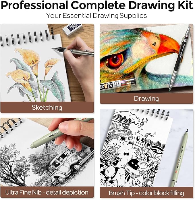 Nicpro 58 PCS Art Drawing Supplies Kit in Leather Case, Art Mechanical Pencil Set with Metal Drafting Pencil 0.3 & 0.5 & 0.7 & 0.9 & 2mm, 12 Micron Pen, Sketch Book, 30 Tube Lead Refills for Sketching