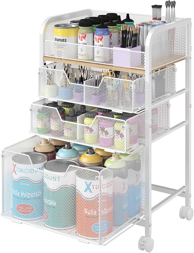 4-Tier Rolling Utility Cart with 3 Drawers-White Craft Organizers and Storage with DIY Dividers, Under Desk Cart with Lockable Wheels, Craft Cart Art Cart for Brushes Artifacts Patent Pending