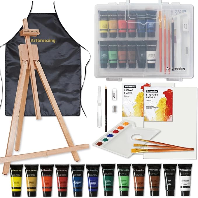 Artbreezing Acrylic Paint Set with Tabletop Easel, Acrylic Paints, Canvases, Brushes, Apron, Storage Box, All-in-One Giftable Art Set for All Skill Levels, Ideal for Adults, Kids,Total 25-piece.