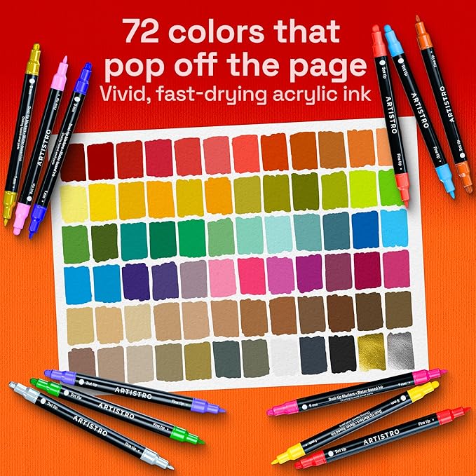 ARTISTRO 72 Precision Dual-Tip Acrylic Paint Markers – Paint Pens Set with Dot & Fine Tips for Fabric, Rock, Glass, Wood, Coloring Books – Classroom & Art Supplies Gift – Teacher Appreciation Gift