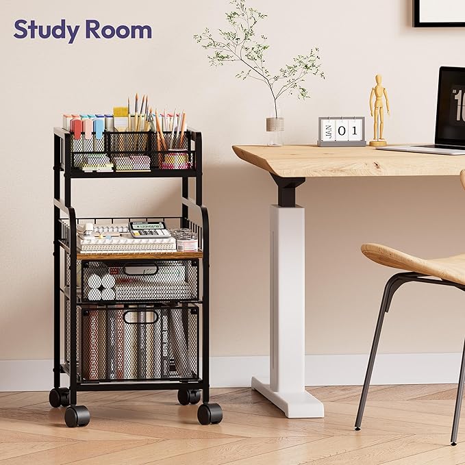 SWTYMIKI Rolling Cart with Drawers - Metal Craft Cart with Wheels, DIY Divider and Wood Shelf, Art Supply Organizer for Under Desk Storage, Utility Storage Cart for Home Office Studio, Espresso