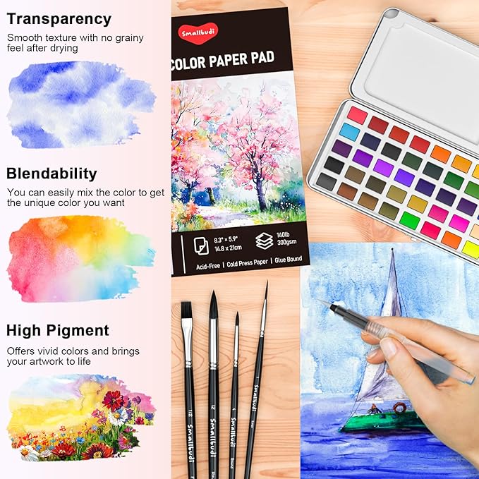 Smallbudi Watercolor Paint Set 168 Colors Including Metallic, Watercolor Kit with Case, Watercolor Paper, Paint Brushes, Palette and Accessories, Water Color Art Supplies Gift for Adults Kids Artists