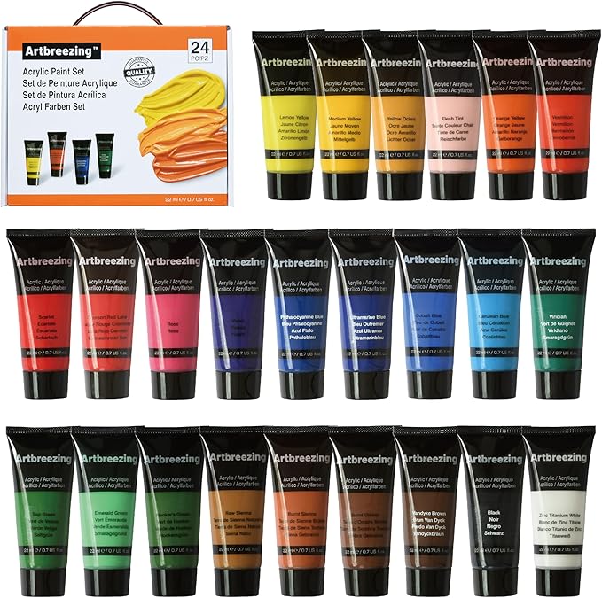 Acrylic Paint Set, 24 Colors 0.74 oz/22ml Tubes, Highly Pigment Art Paints for Canvas, Wood, Fabric, Paper, Giftable Choice for Artists, Beginner to Pro