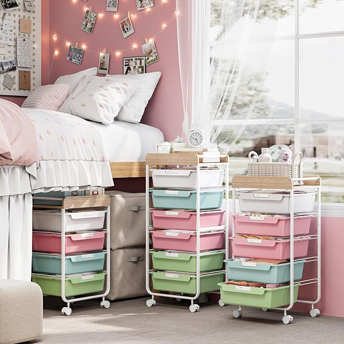 SYKIARIOL Rolling Cart with 6 Drawers,Utility Storage Cart with Drawers,Art Craft Organizers and Storage,Makeup Organizer with Wooden Tabletop,Colorful