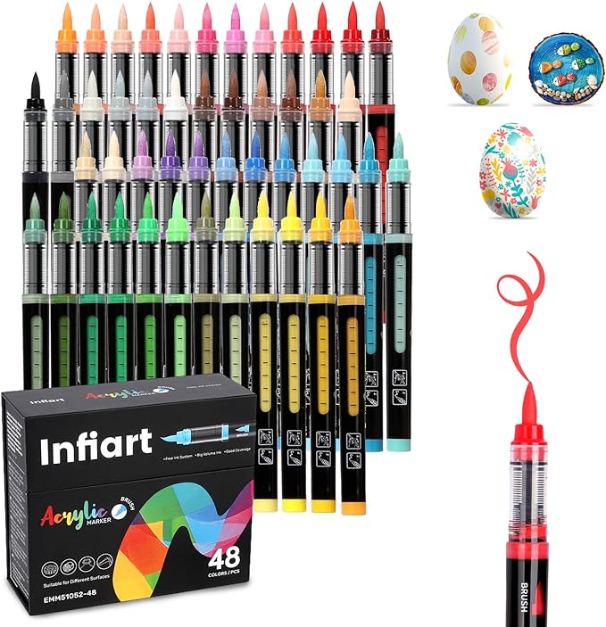 48 Colors Acrylic Paint Markers Brush Tip, Automatic Ink Control Acrylic Paint Pens Waterproof Acrylic Markers Set for Holiday Decorations, Stone, Wood, Glass, DIY & Art Supplies