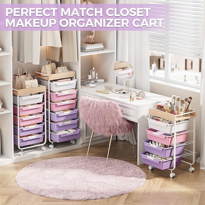 SYKIARIOL Rolling Craft Storage Cart with 4 Drawers,Utility Cart with Drawers,Art Craft Organizers and Storage,Kids Art Craft Cart With DIY Lable and Wooden Tabletop Area, Purple