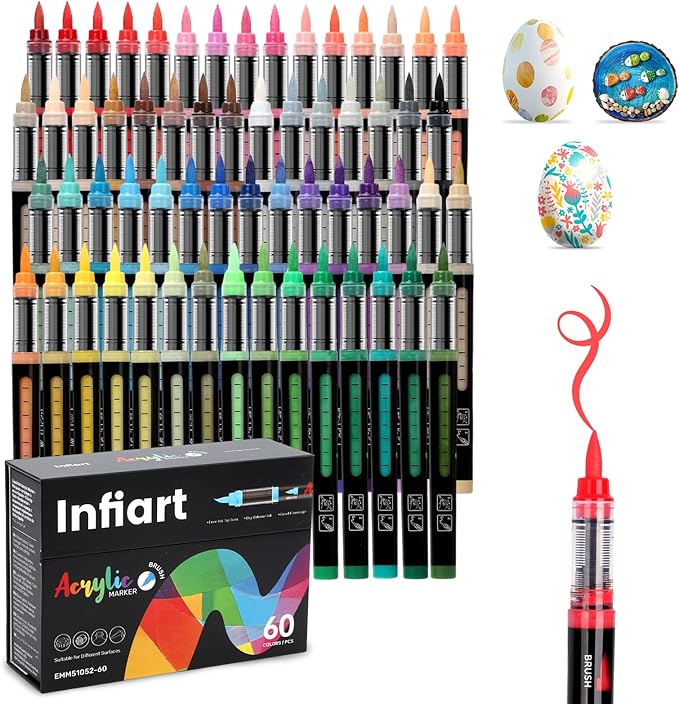 60 Colors Acrylic Paint Markers Brush Tip, Automatic Ink Control Acrylic Paint Pens Waterproof Acrylic Markers Set for Holiday Decorations, Stone, Wood, Glass, DIY & Art Supplies