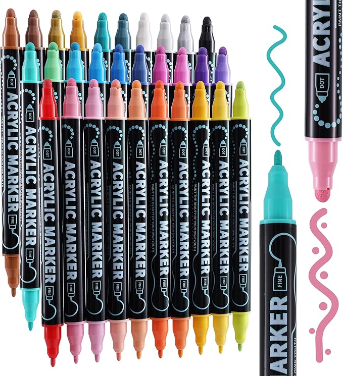nauets 30 Colors Dual Tip Acrylic Paint Markers, Dot & Fine Tip Acrylic Paint Pens for Rock, Wood, Fabric, Canvas, Glass, Scrapbook, Paper, Ceramic, Egg, DIY Crafts Supplies-Photo Album Supplies