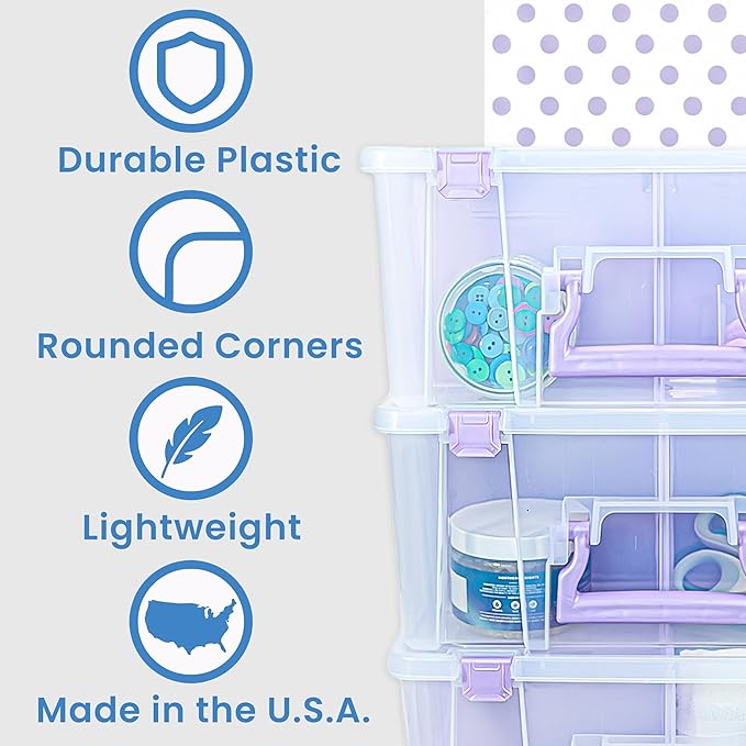 ArtBin Super Satchel Double Deep Compartment Box with Purple Accents in a 3 Pack - Art Storage with 8 Removable Compartments, Smart Closure for Craft Supplies (Purple - Pack of 3)