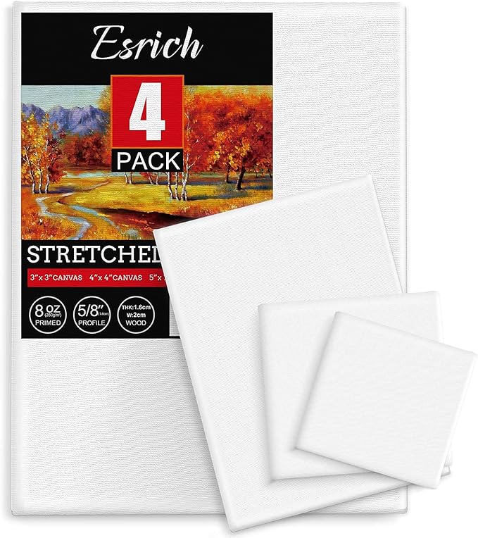 ESRICH 4 Pack Stretched Canvas for Painting with 9x12, 5x7, 4x4, 3x3, Primed Acid-Free Cotton Blank Canvases for Painting, Painting Canvas for Oil & Acrylic Paint.