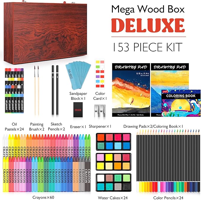 Caliart Art Supplies, 153-Pack Deluxe Art Set in Wooden Case, Crafts Drawing Painting Kits with 2 A4 Sketch Pads, Coloring Book, Birthday Gifts for Teens Girls Boys Kids Adults Artists