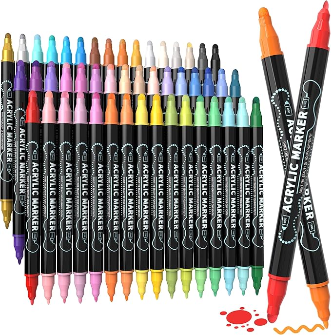 48 Colors Dual Tip Acrylic Paint Markers, Premium Dot & Fine Tip Coloring Paint Pens for Rock, Wood, Fabric, Canvas, Glass, Paper, Ceramic, Scrapbook, Vision Board and DIY Crafts Supplies Art Gifts