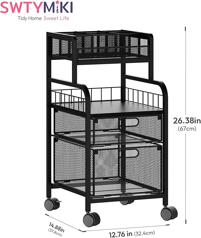 SWTYMIKI Rolling Cart with Drawers - Metal Craft Cart with Wheels, DIY Divider and Wood Shelf, Art Supply Organizer for Under Desk Storage, Utility Storage Cart for Home Office Studio, Black