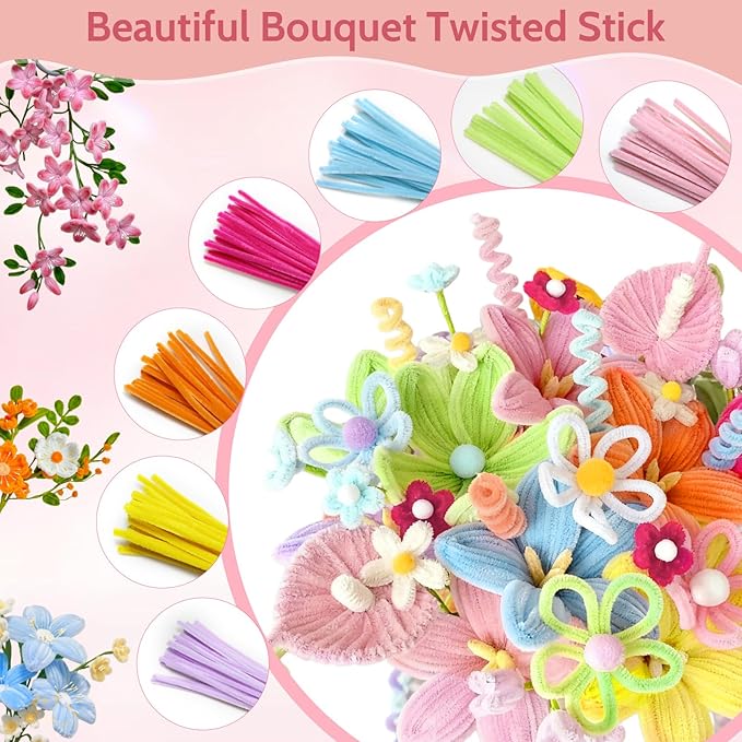 500 PCS Pipe Cleaners Craft, Pipe Cleaners Flowers Kit with Handle, 20 Colors Chenille Stems with Instruction, Art and Craft Supplies, Colored Pipecleaners Bulk