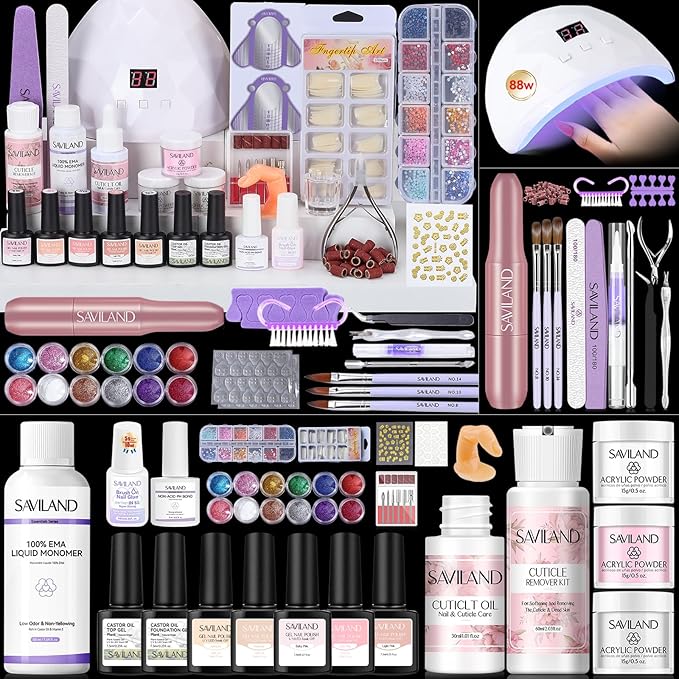 SAVILAND Essentials Acrylic Nail Kit For Beginners: Ultimate All-In-1 Acrylic Set with EMA Monomer Practice Finger Nail Drill U V Light Full Tools For Women Gift