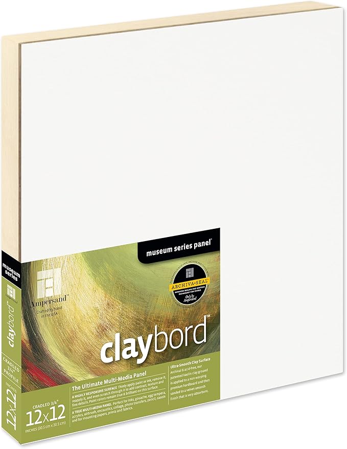 Ampersand Art Supply Claybord | 12" x 12" | 3/4" Cradled Profile | Kaolin Clay Painting Panel for Acrylic, Ink, Watercolor & Mixed Media | Canvas & Paper Alternative