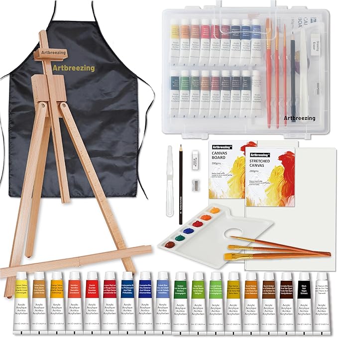 Artbreezing Acrylic Paint Set with Tabletop Easel, Acrylic Paints, Canvases, Brushes, Apron, Storage Box, All-in-One Giftable Art Set for All Skill Levels, Ideal for Adults, Kids,Total 31-piece.