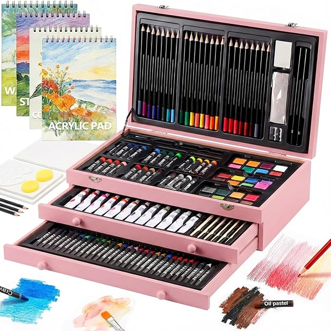 194 Piece Deluxe Art Set, Painting Drawing Art Supplies with 4 Drawing Pads, Acrylic Paints, Crayons, Colored Pencils Set in Wooden Case, Art Kit Gift Box for Kids, Teens, Adults, Artists, Beginners