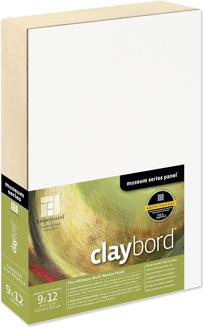 Ampersand Art Supply Claybord | 9" x 12" | 1-1/2" Cradled Profile | Kaolin Clay Painting Panel for Acrylic, Ink, Watercolor & Mixed Media | Canvas & Paper Alternative