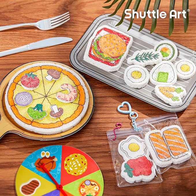 Shuttle Art 104 Pcs Magic Foam Texture Painting Kit – Food Series: 34 Food Foam Pieces, Paper Plates, Forks & Knives, 12 Acrylic Paint Markers, Magical 3D Effect DIY Art Craft for Kids Ages 3-12