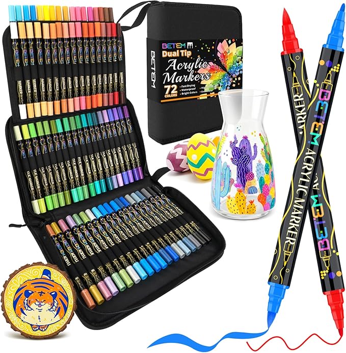 Betem Dual Tip Acrylic Paint Pens, 72 Colors Paint Markers for Glass, Window, Fabric, Wood, Rock, Canvas, Acrylic Markers with Fine & Brush Tip, Art & Craft Supplies, Teacher Appreciation Gift