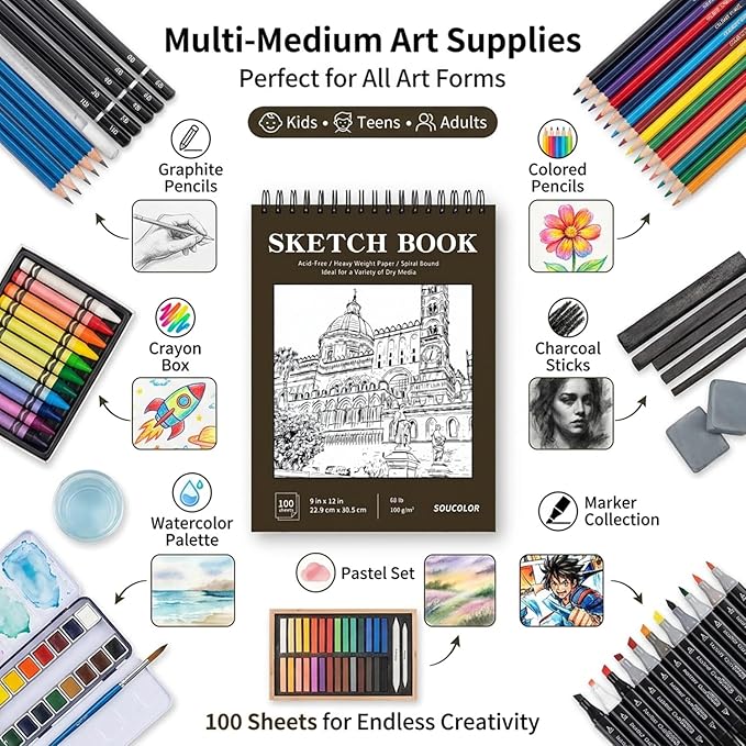 Soucolor Sketchbook 8.5x11 Hard Cover Spiral Bound, 100 Sheets 68lb/100gsm Thick Acid-Free Drawing Paper Lay Flat Sketch Pad Art Notebook for Adults Artists Teachers Students Classroom