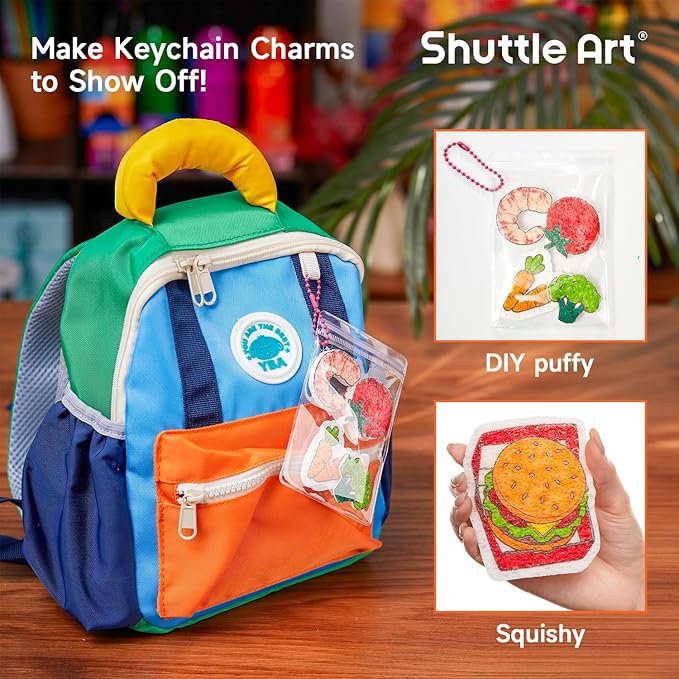 Shuttle Art 104 Pcs Magic Foam Texture Painting Kit – Food Series: 34 Food Foam Pieces, Paper Plates, Forks & Knives, 12 Acrylic Paint Markers, Magical 3D Effect DIY Art Craft for Kids Ages 3-12