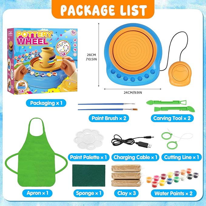 Pottery Wheel for Kids Complete DIY Pottery Painting Kit, Arts and Crafts for Kids Ages 8-12 with 3 Air-Dry Clay Packs and Tools, Art Supplies Toys Birthday Easter Gift for Boys Girls 6+ Years Old